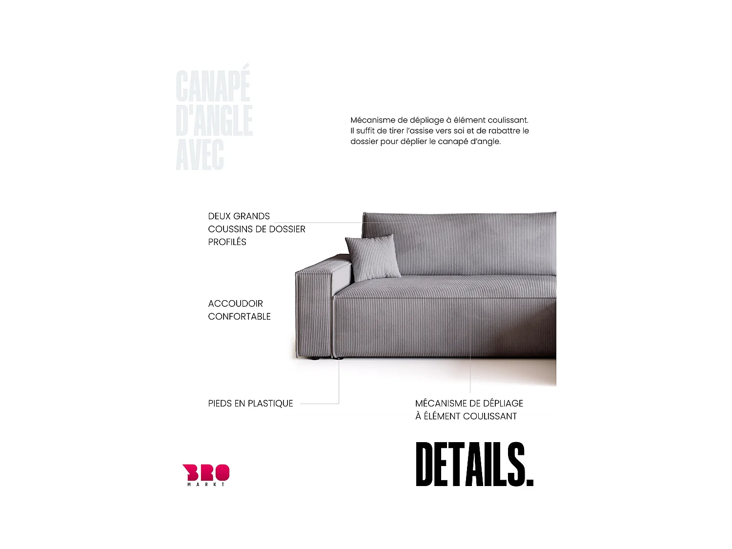 Canapé d'angle convertible en velours côtelé gris clair ADI XL