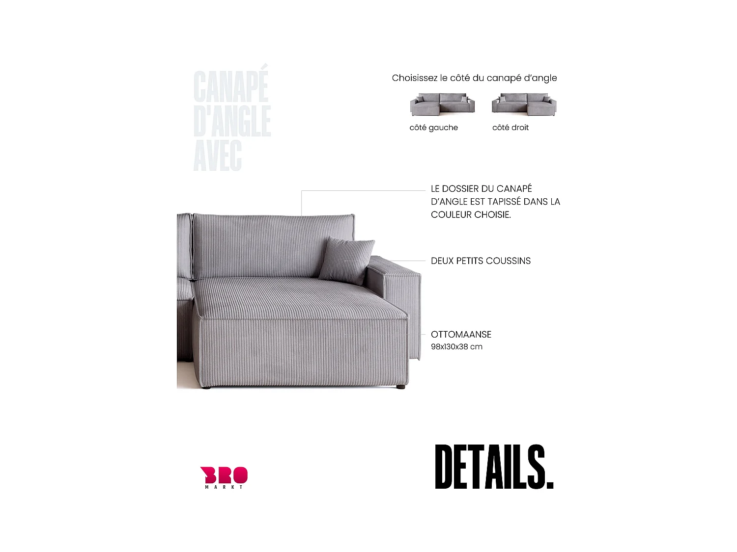 Canapé d'angle convertible en velours côtelé gris clair ADI XL