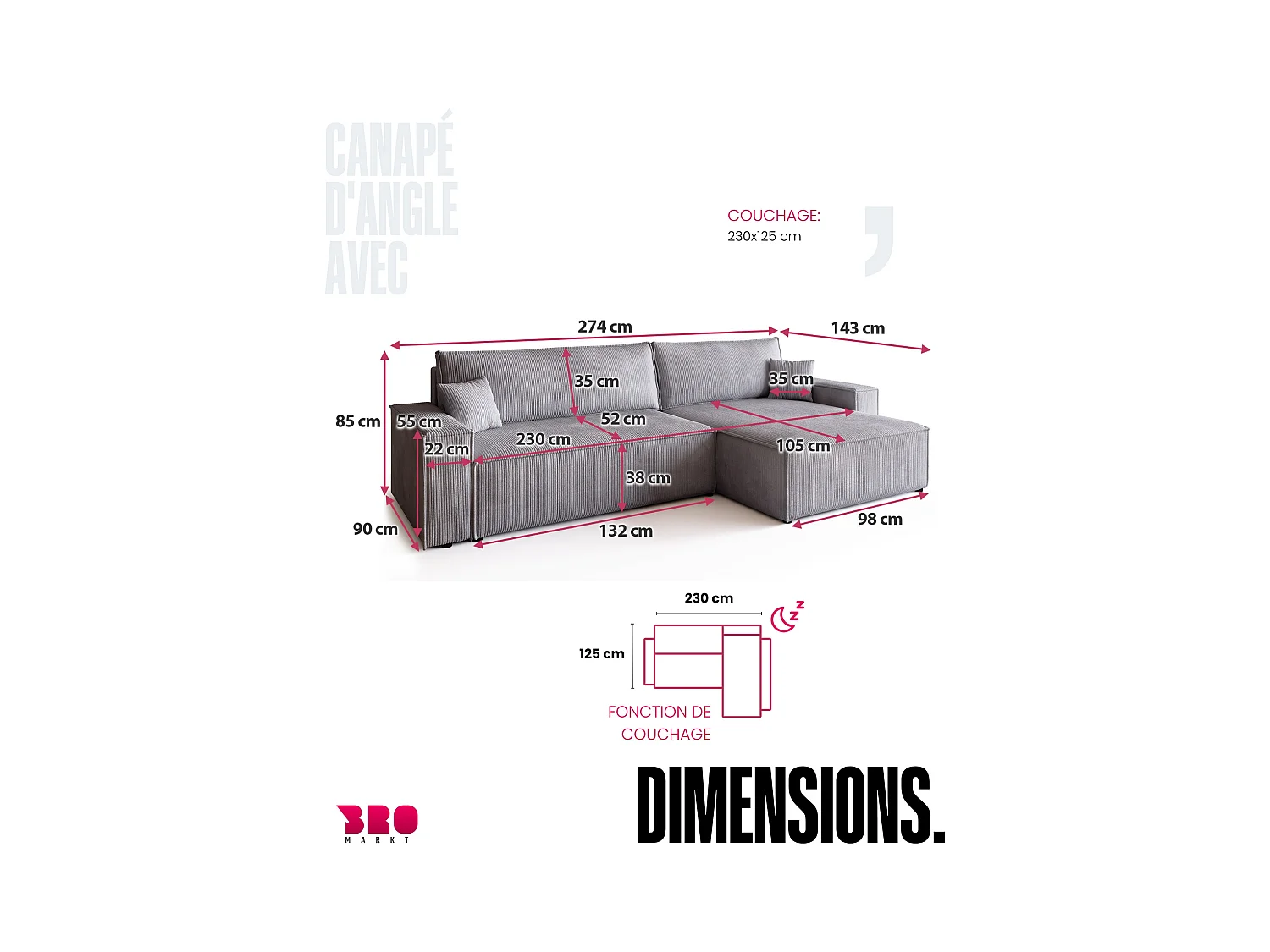 Canapé d'angle convertible en velours côtelé gris clair ADI XL