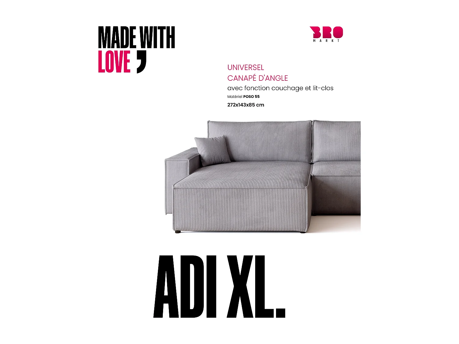 Canapé d'angle convertible en velours côtelé gris clair ADI XL