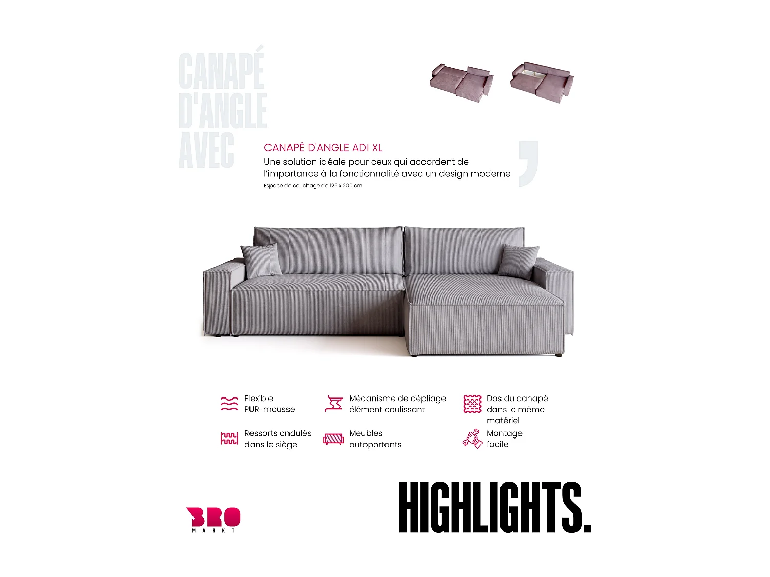 Canapé d'angle convertible en velours côtelé gris clair ADI XL