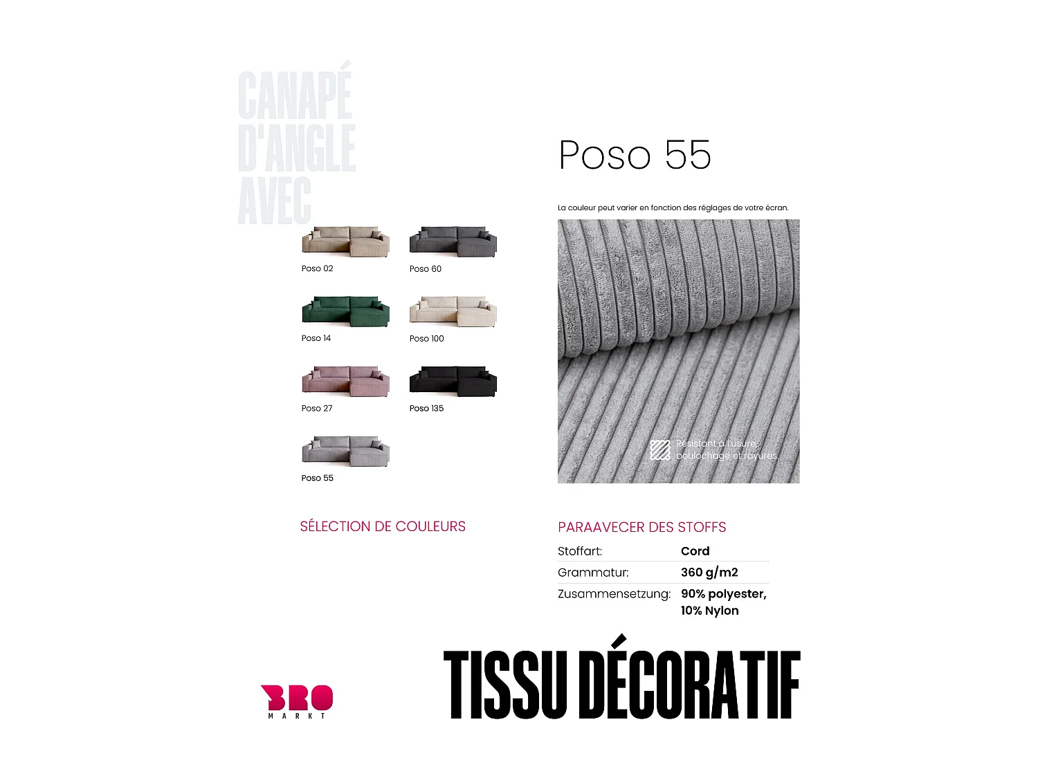 Canapé d'angle convertible en velours côtelé gris clair ADI XL