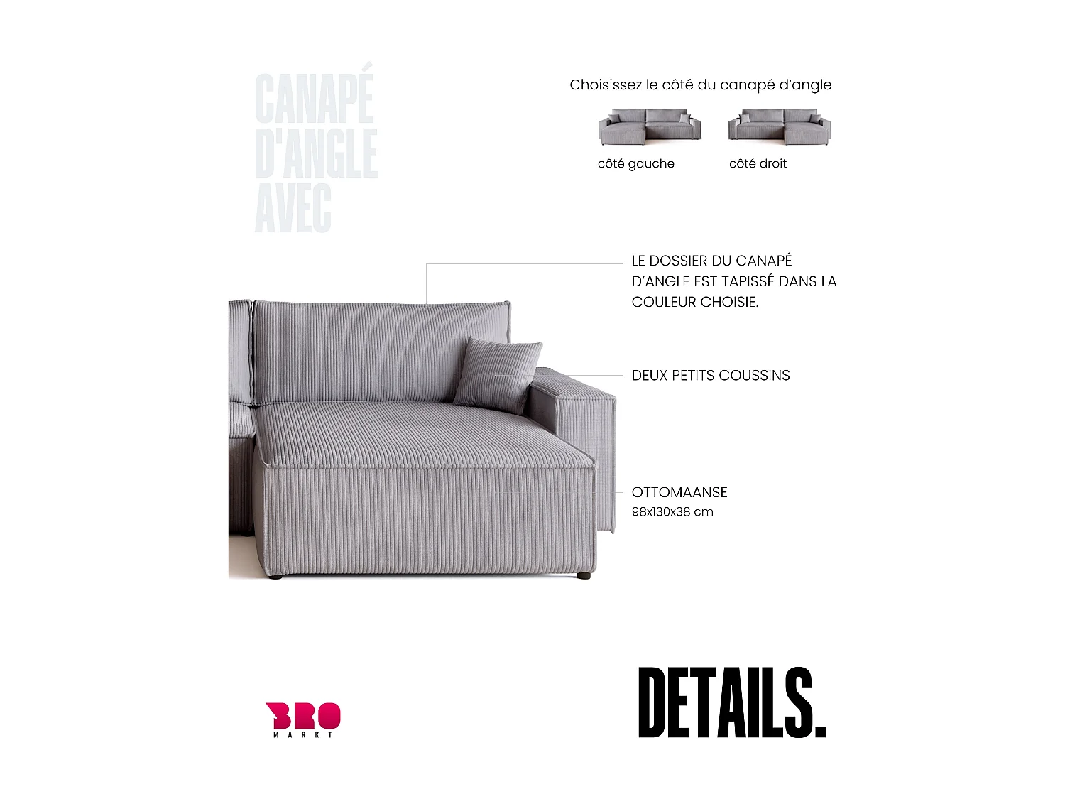 Canapé d'angle convertible en velours côtelé gris clair ADI XL