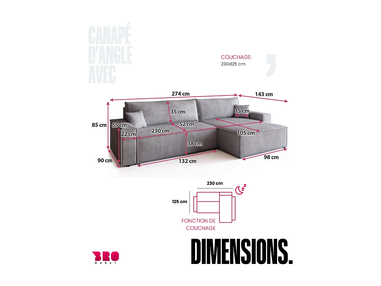 Canapé d'angle convertible en velours côtelé gris clair ADI XL