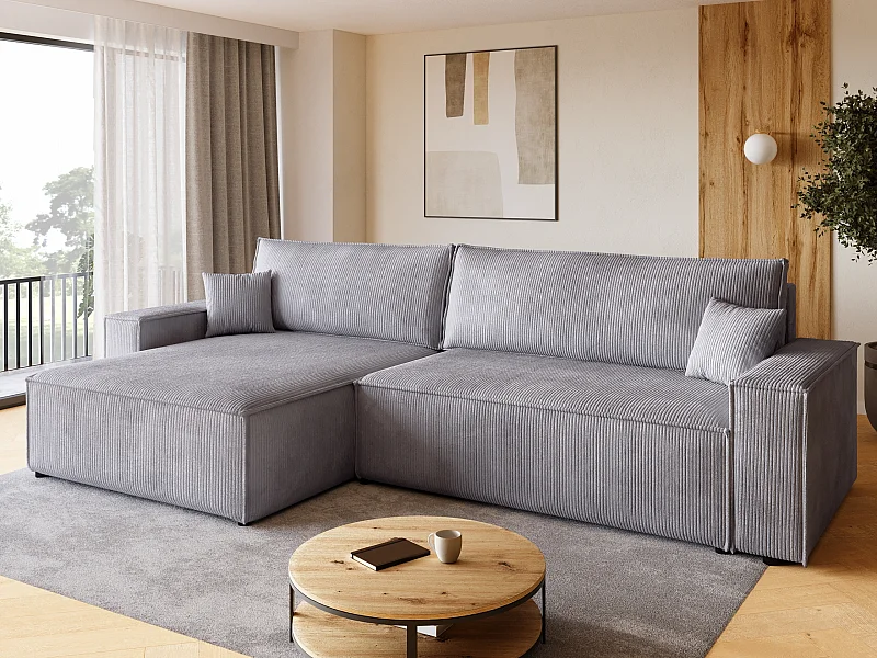 Canapé d'angle convertible en velours côtelé gris clair ADI XL