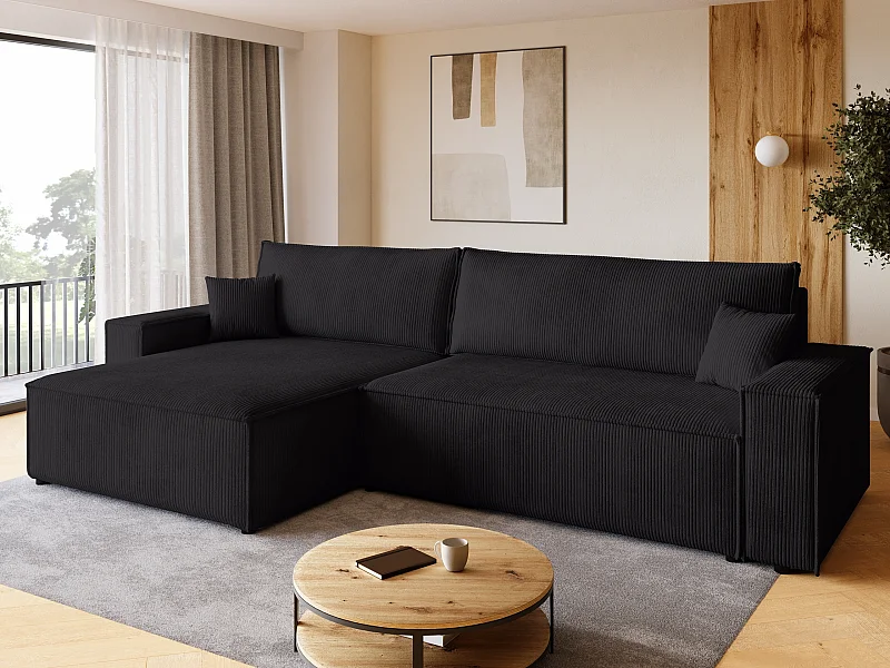 Canapé d'angle convertible en velours côtelé noir ADI XL