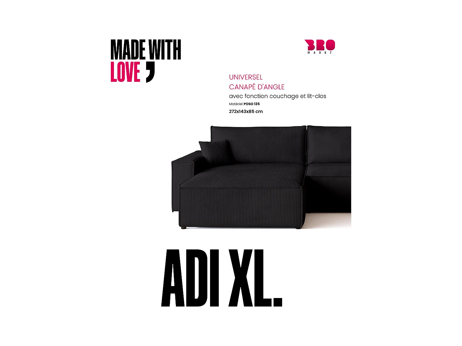 Hoekbank met slaapfunctie zwart ADI XL