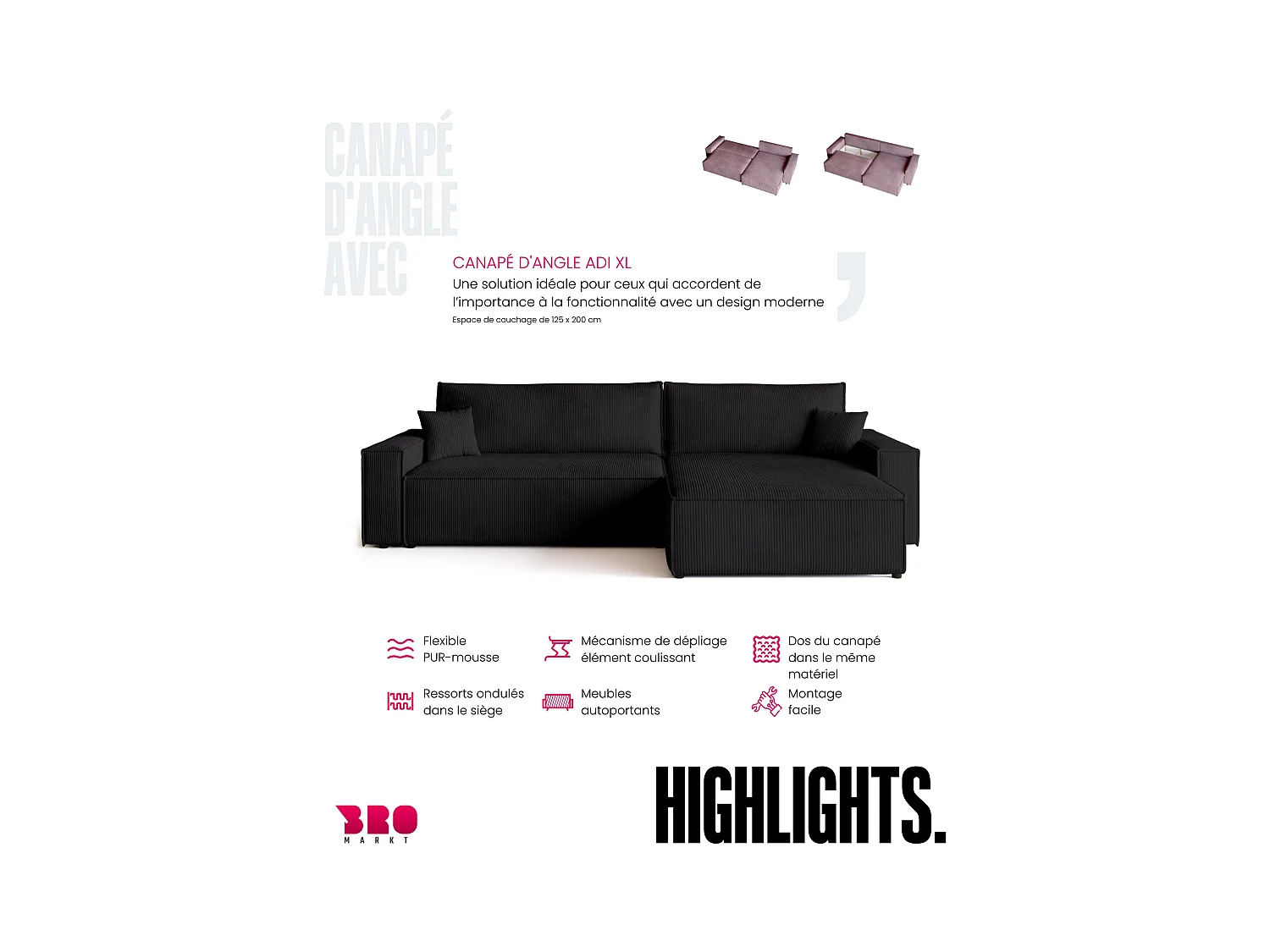 Hoekbank met slaapfunctie zwart ADI XL