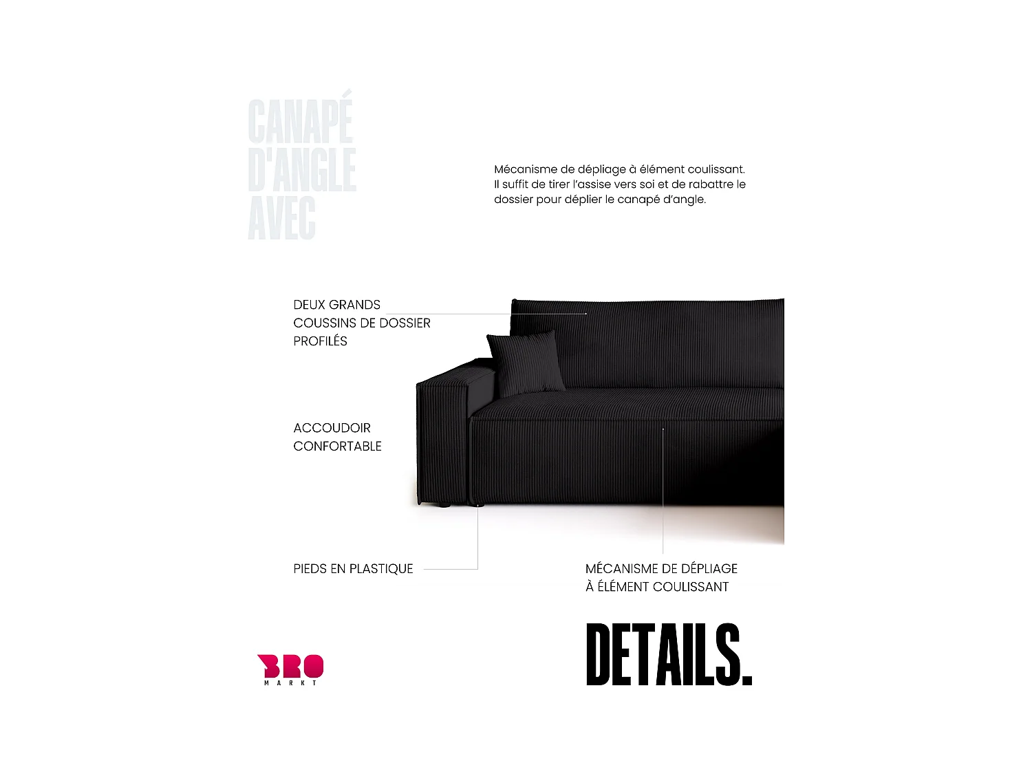 Hoekbank met slaapfunctie zwart ADI XL