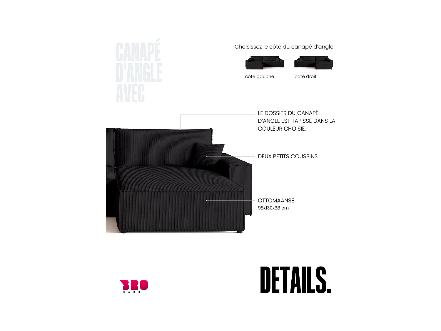 Hoekbank met slaapfunctie zwart ADI XL