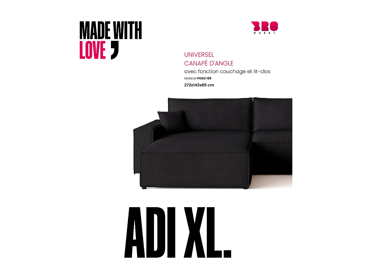 Canapé d'angle convertible en velours côtelé noir ADI XL