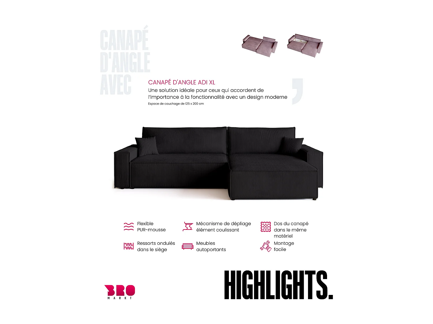 Canapé d'angle convertible en velours côtelé noir ADI XL