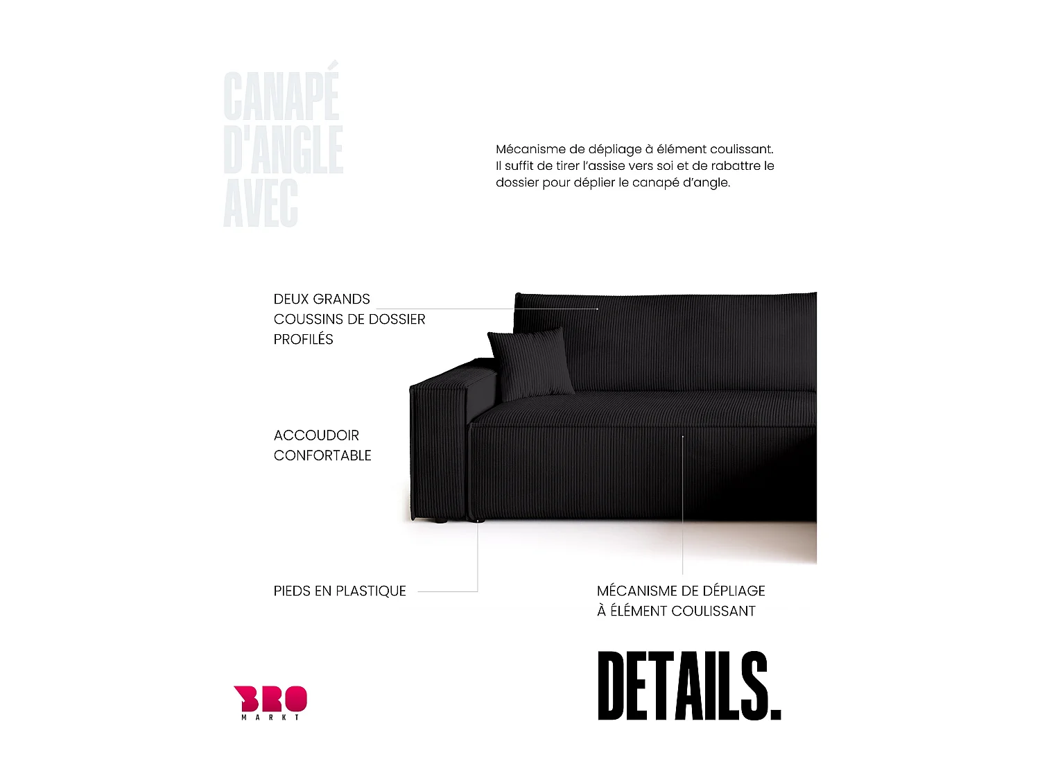 Canapé d'angle convertible en velours côtelé noir ADI XL