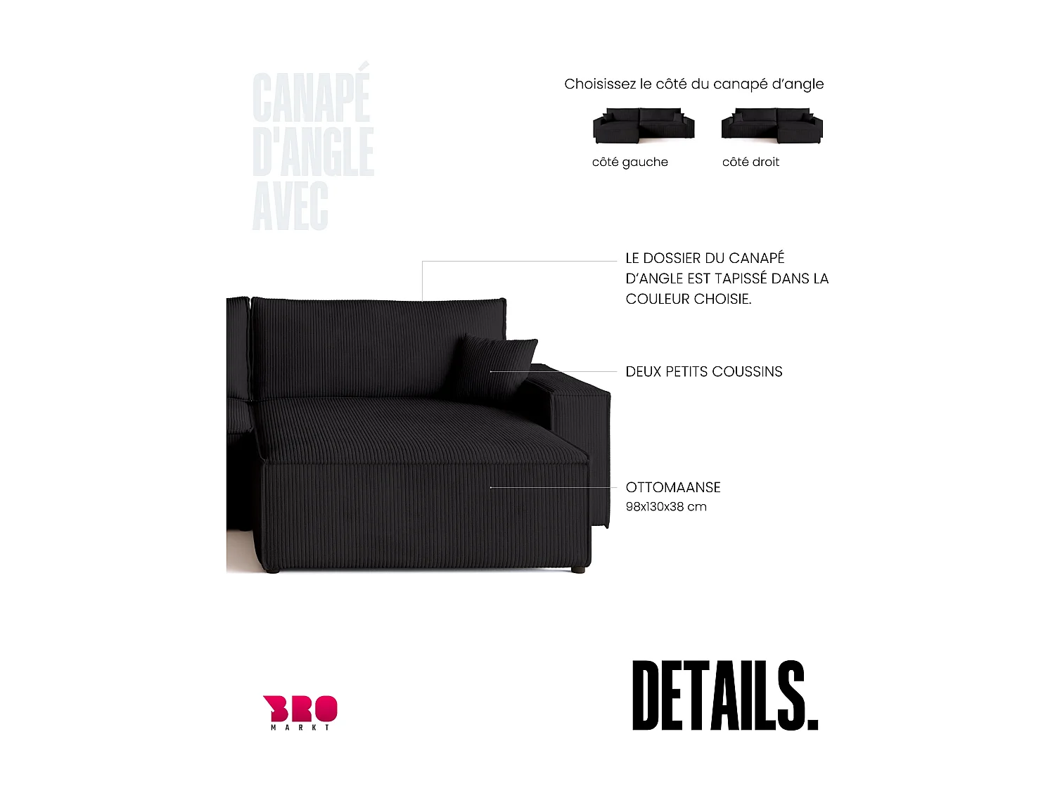 Canapé d'angle convertible en velours côtelé noir ADI XL