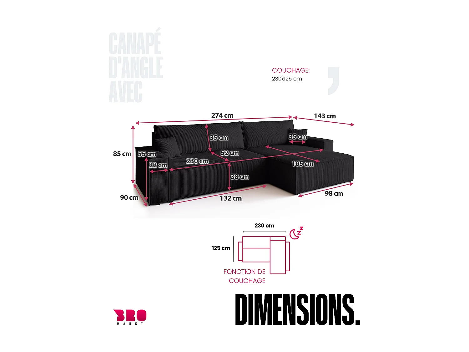 Canapé d'angle convertible en velours côtelé noir ADI XL