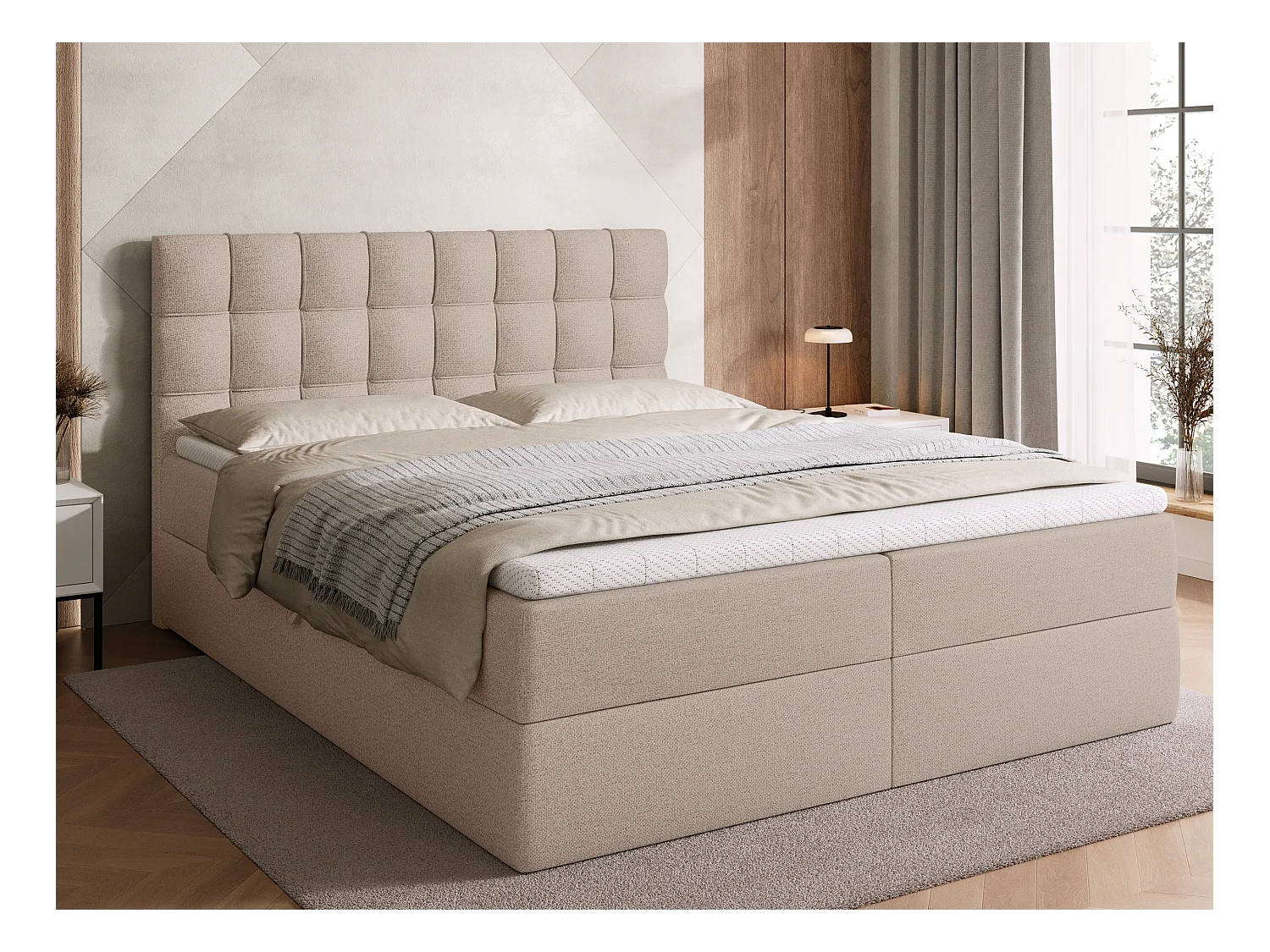 Boxspringbed met hoofdeinde, matras en dekmatras - DETROIT - 160x200 - beige
