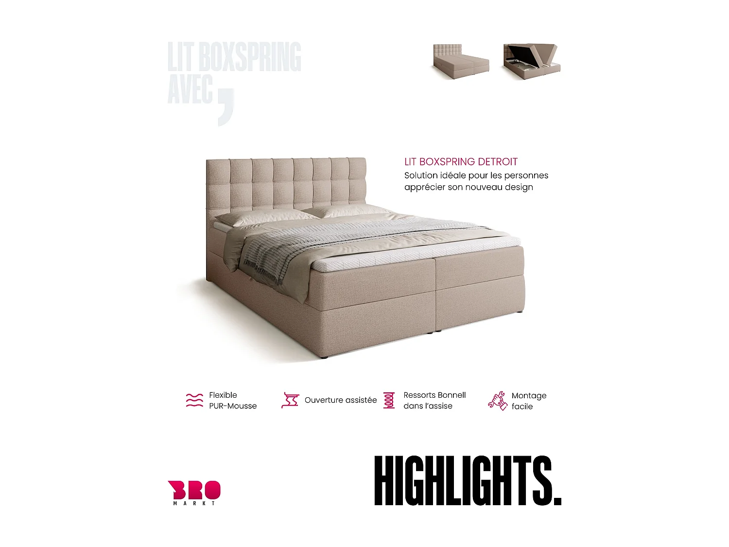Lit boxspring avec rangement DETROIT - matelas - surmatelas - beige - 160x200 cm