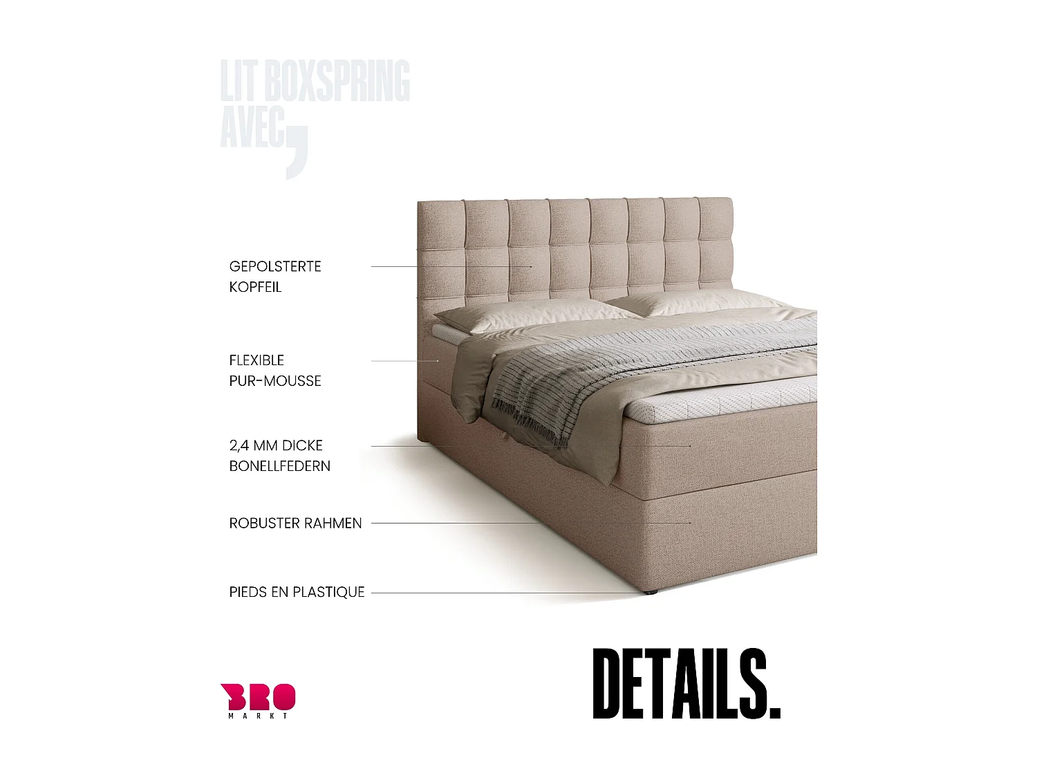 Lit boxspring avec rangement DETROIT - matelas - surmatelas - beige - 160x200 cm