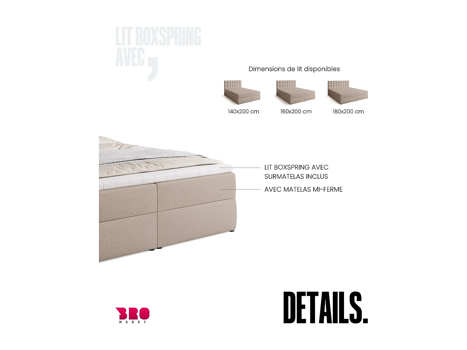 Lit boxspring avec rangement DETROIT - matelas - surmatelas - beige - 160x200 cm