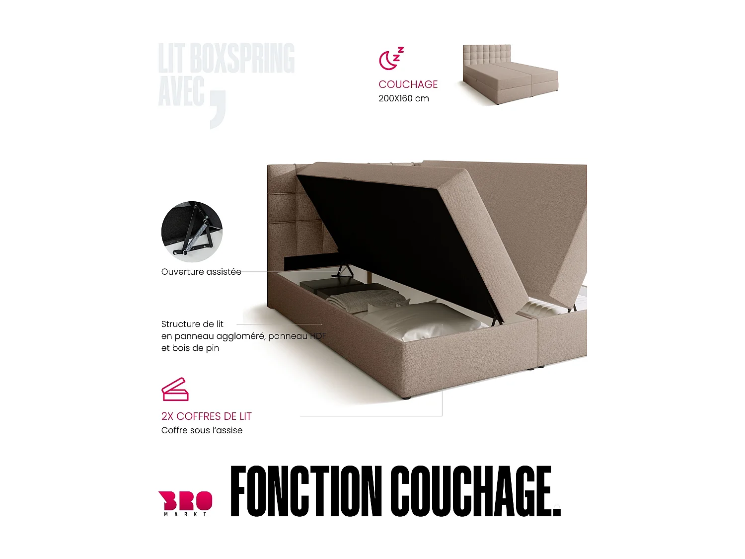 Lit boxspring avec rangement DETROIT - matelas - surmatelas - beige - 160x200 cm