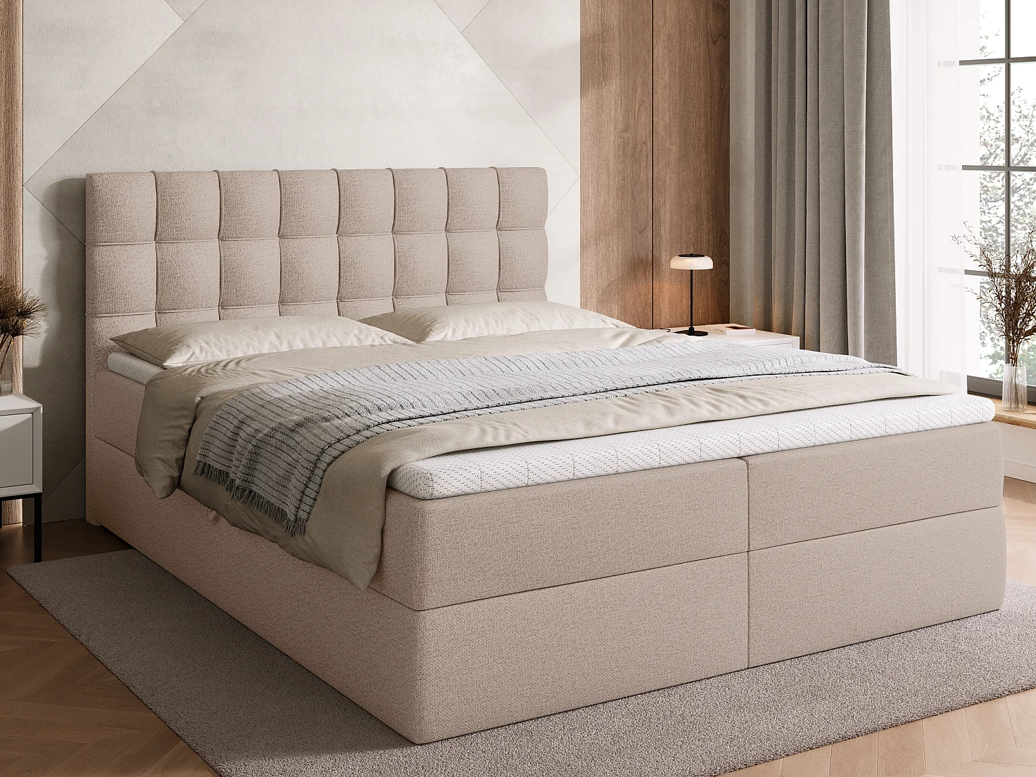 Lit boxspring avec rangement DETROIT - matelas - surmatelas - beige - 160x200 cm