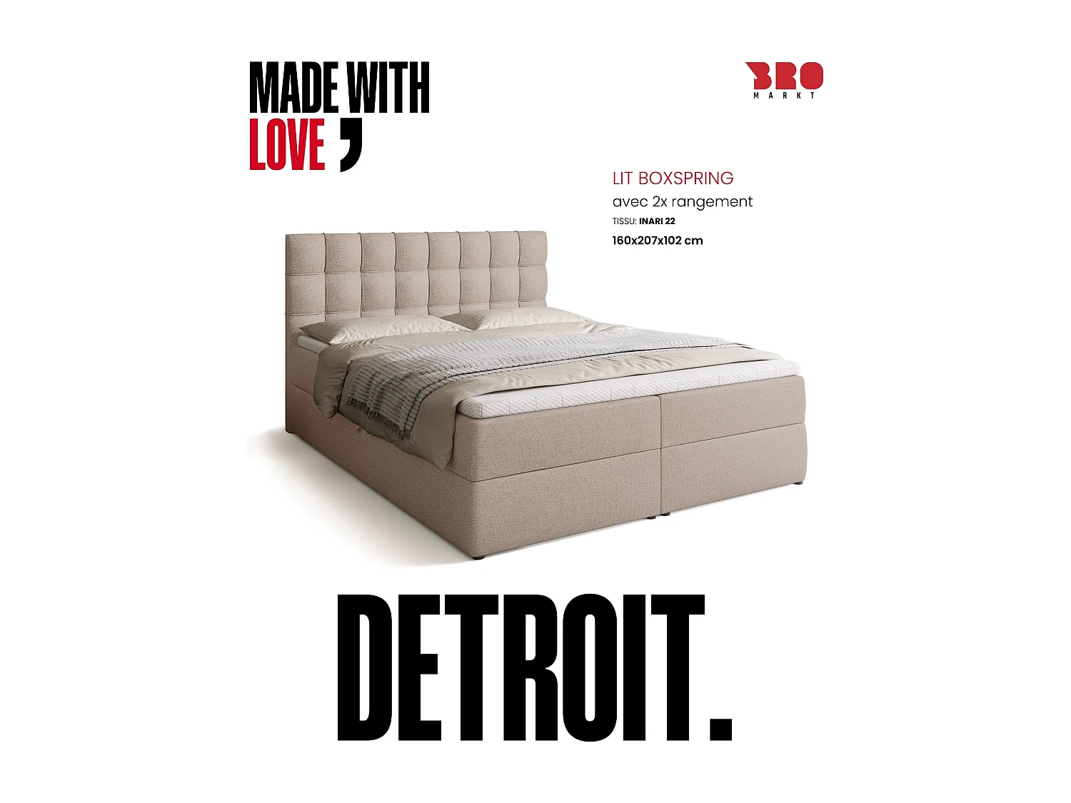 Lit boxspring avec rangement DETROIT - matelas - surmatelas - beige - 160x200 cm