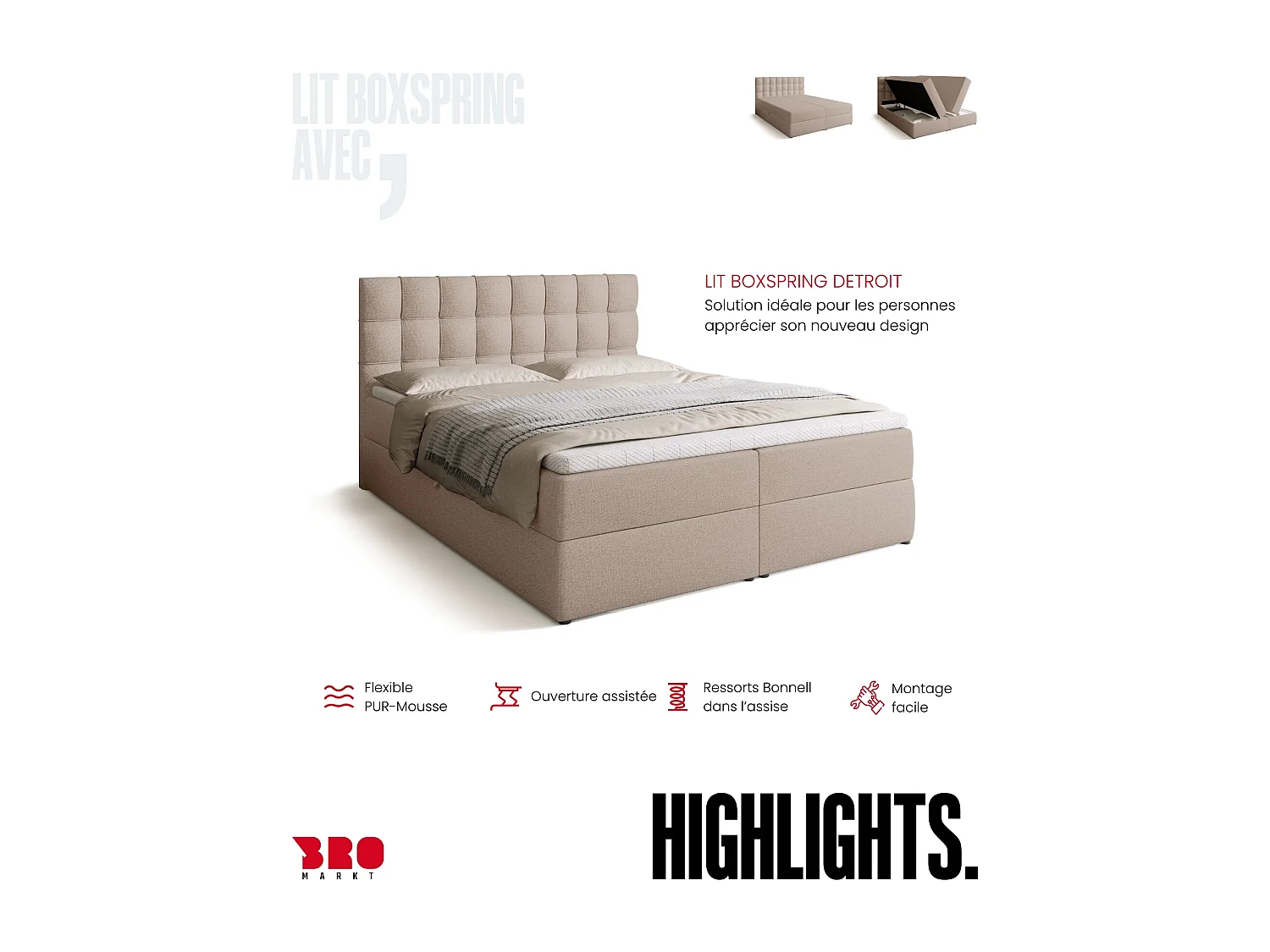 Lit boxspring avec rangement DETROIT - matelas - surmatelas - beige - 160x200 cm