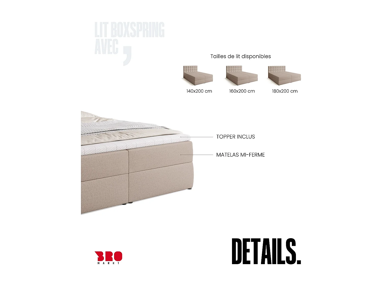 Lit boxspring avec rangement DETROIT - matelas - surmatelas - beige - 160x200 cm