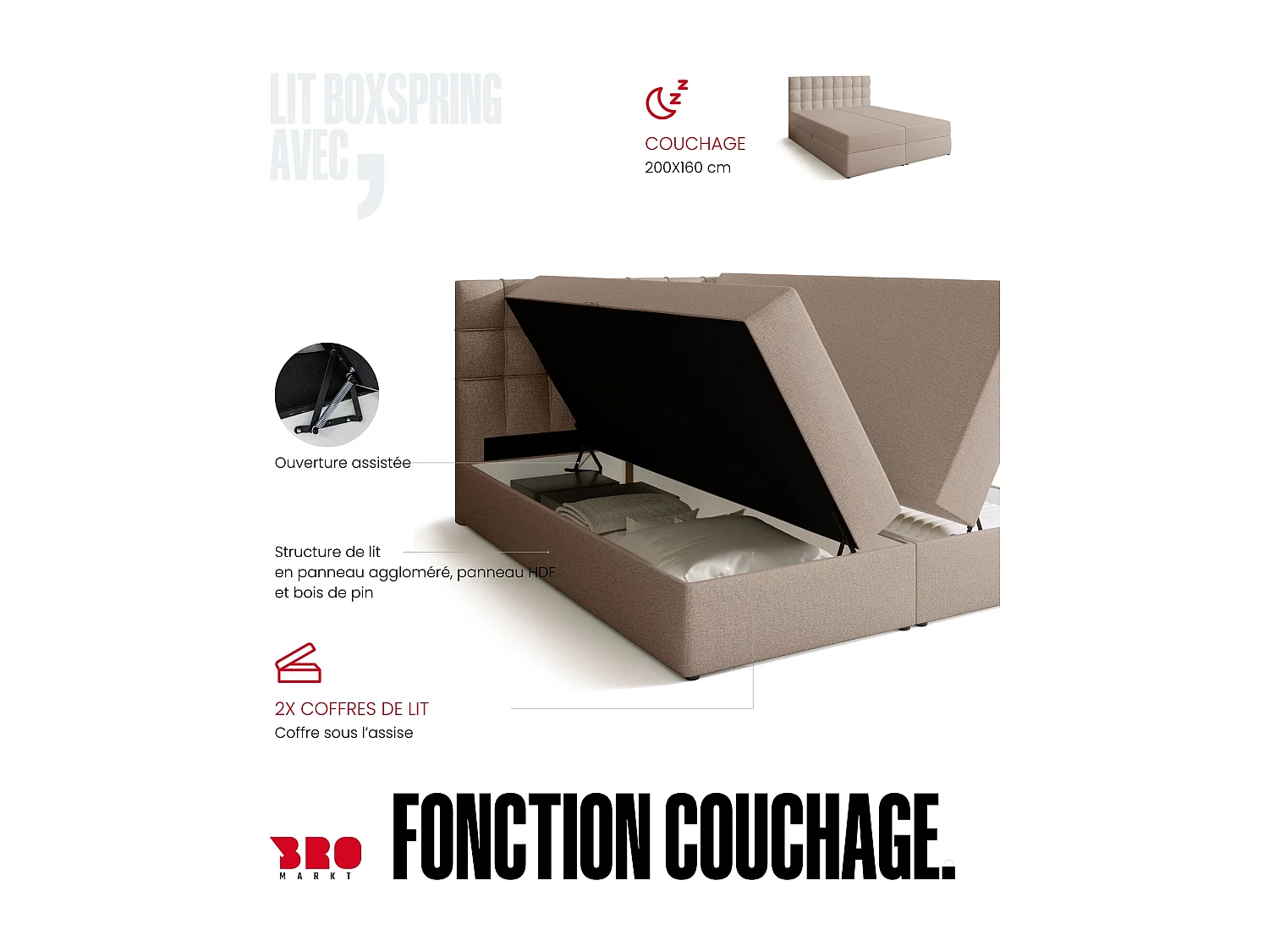 Lit boxspring avec rangement DETROIT - matelas - surmatelas - beige - 160x200 cm