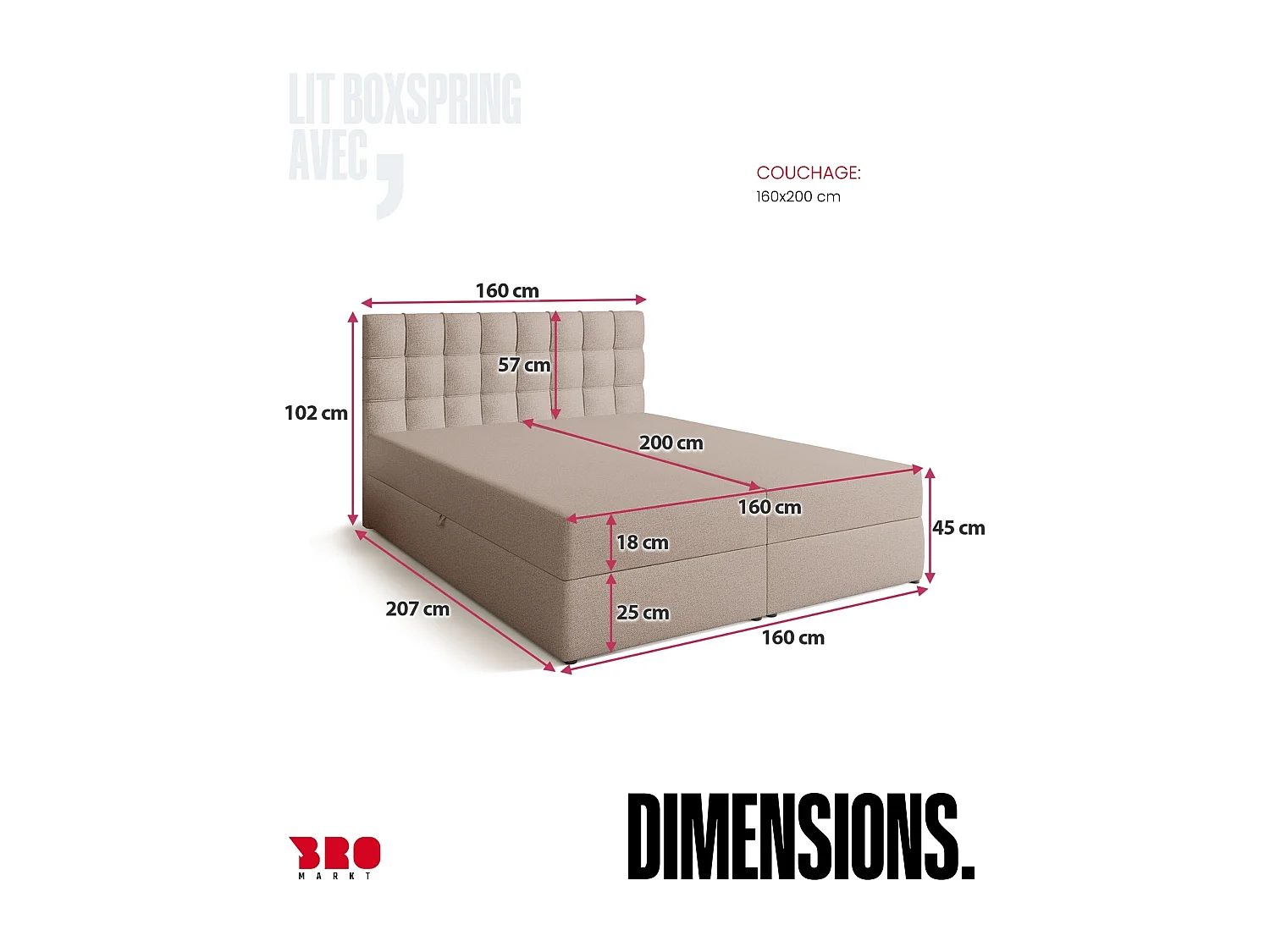 Lit boxspring avec rangement DETROIT - matelas - surmatelas - beige - 160x200 cm