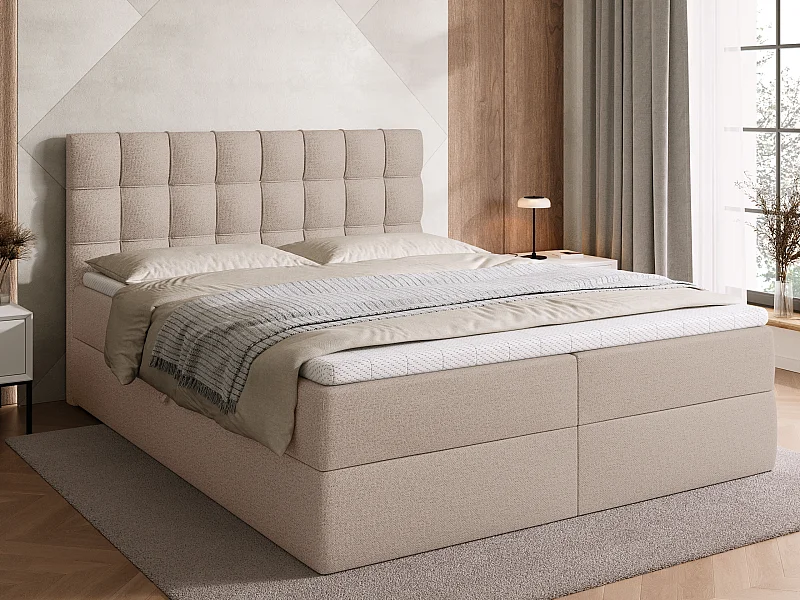 Lit boxspring avec rangement DETROIT - matelas - surmatelas - beige - 160x200 cm