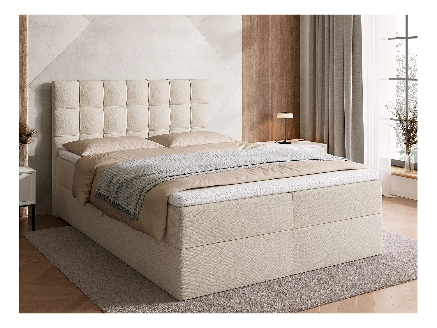 Lit boxspring avec rangement DETROIT - matelas - surmatelas - beige - 140x200 cm