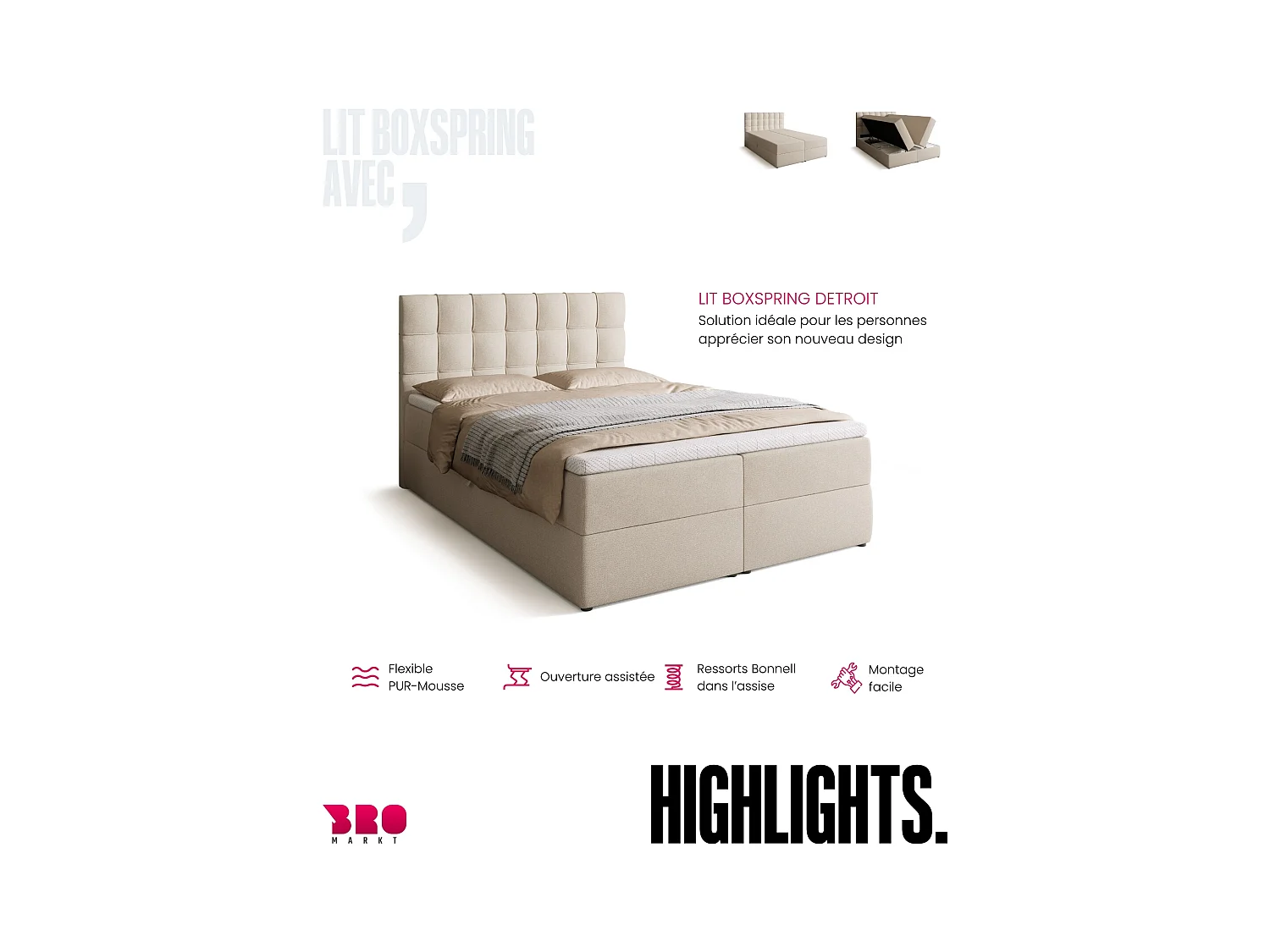 Lit boxspring avec rangement DETROIT - matelas - surmatelas - beige - 140x200 cm