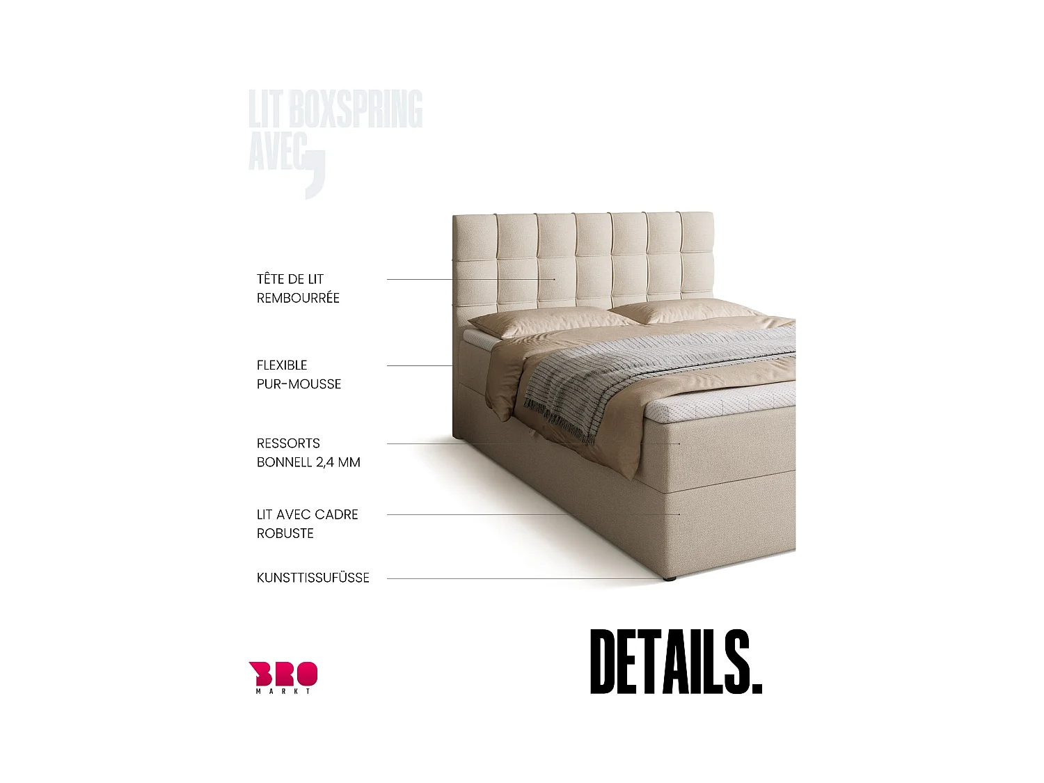 Lit boxspring avec rangement DETROIT - matelas - surmatelas - beige - 140x200 cm