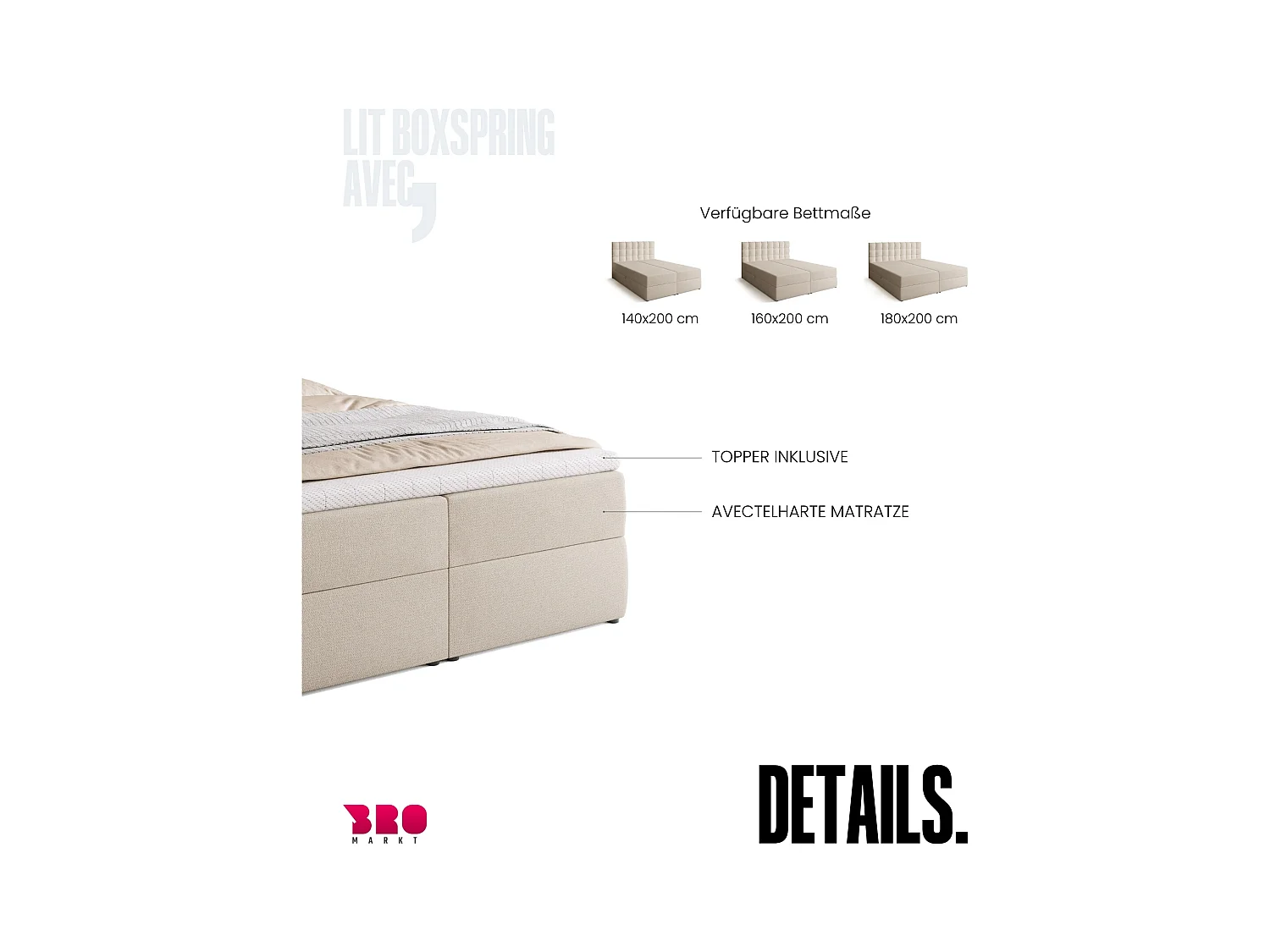 Lit boxspring avec rangement DETROIT - matelas - surmatelas - beige - 140x200 cm