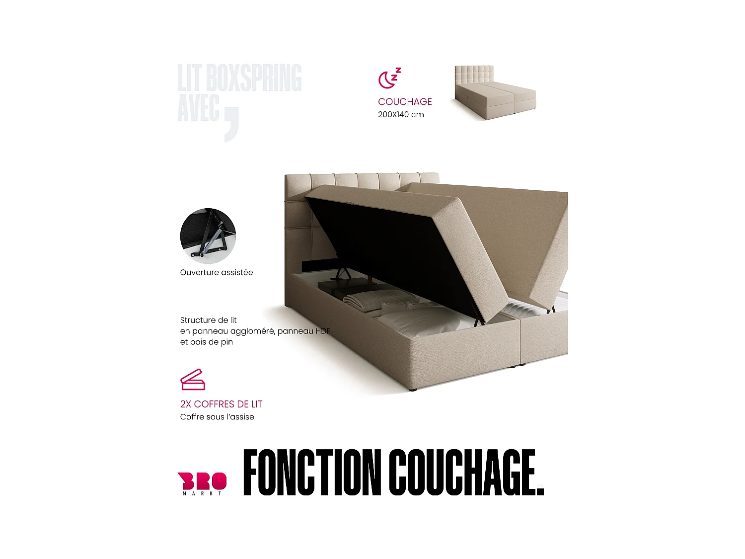 Lit boxspring avec rangement DETROIT - matelas - surmatelas - beige - 140x200 cm