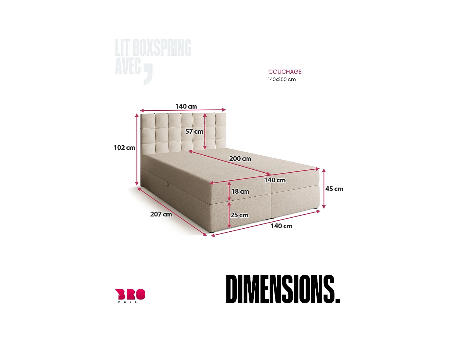 Lit boxspring avec rangement DETROIT - matelas - surmatelas - beige - 140x200 cm