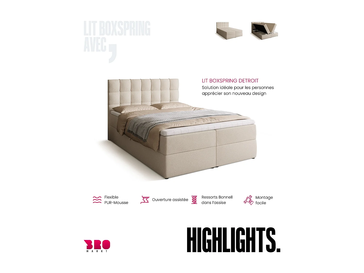 Lit boxspring avec rangement DETROIT - matelas - surmatelas - beige - 140x200 cm