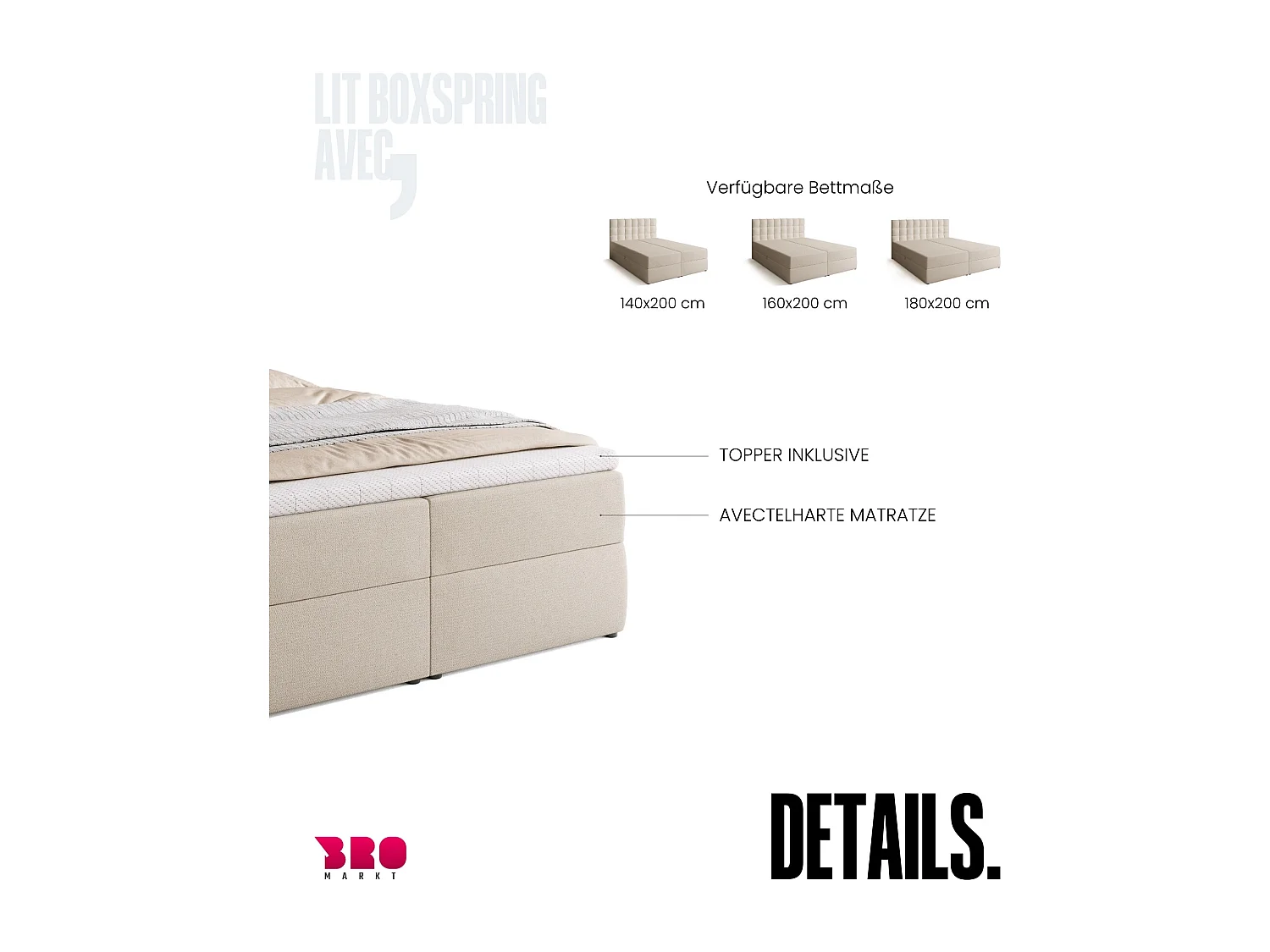Lit boxspring avec rangement DETROIT - matelas - surmatelas - beige - 140x200 cm