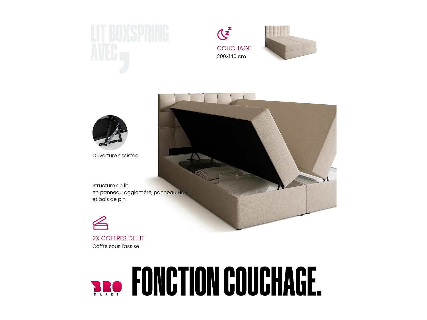 Lit boxspring avec rangement DETROIT - matelas - surmatelas - beige - 140x200 cm