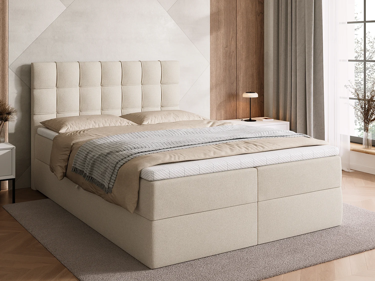 Lit boxspring avec rangement DETROIT - matelas - surmatelas - beige - 140x200 cm
