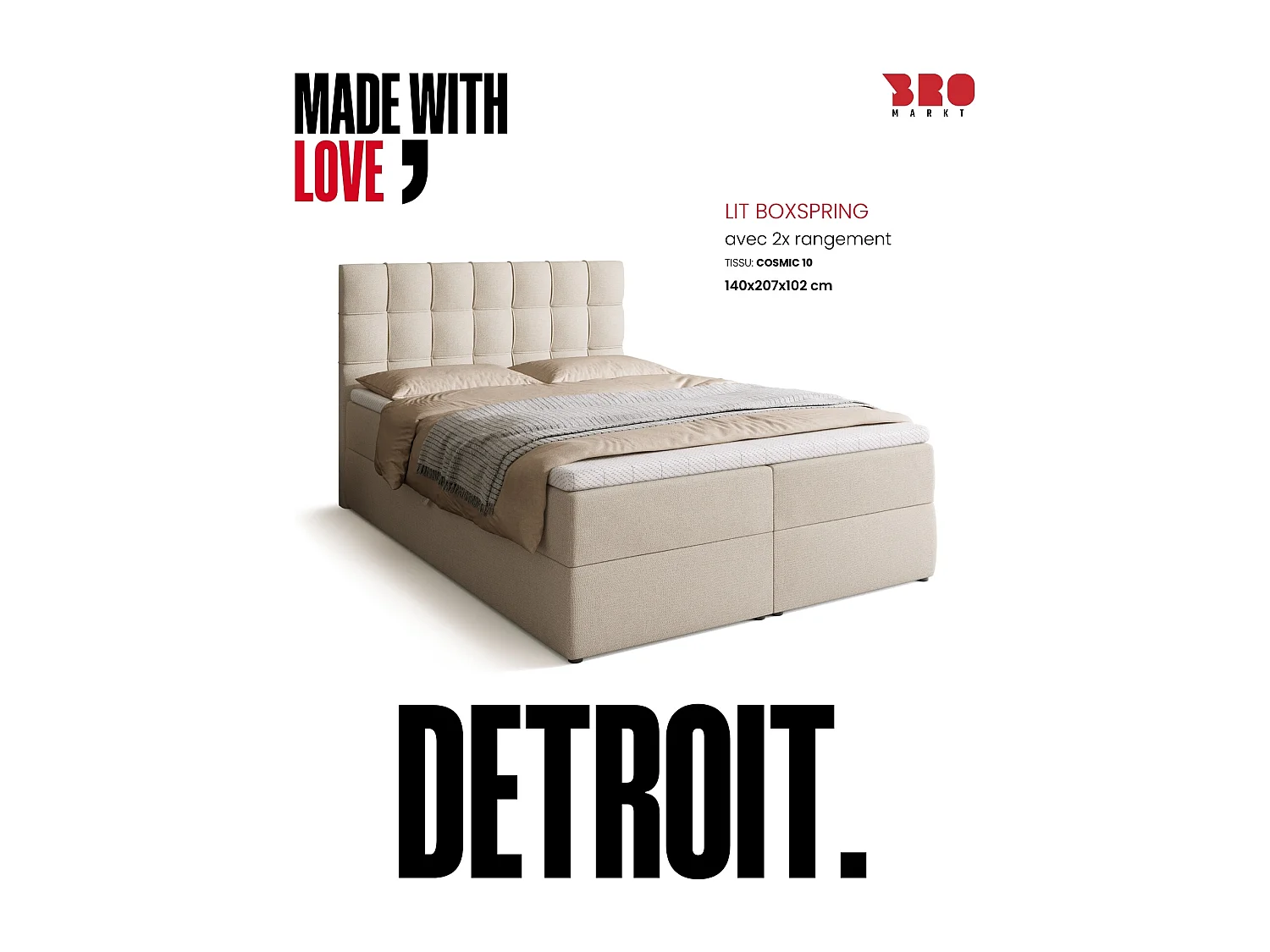 Lit boxspring avec rangement DETROIT - matelas - surmatelas - beige - 140x200 cm