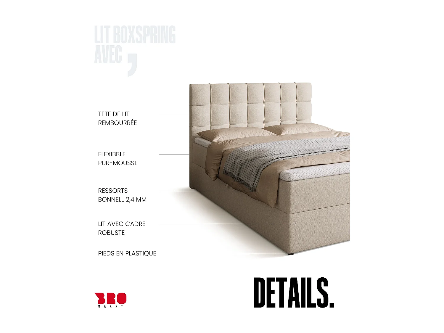 Lit boxspring avec rangement DETROIT - matelas - surmatelas - beige - 140x200 cm