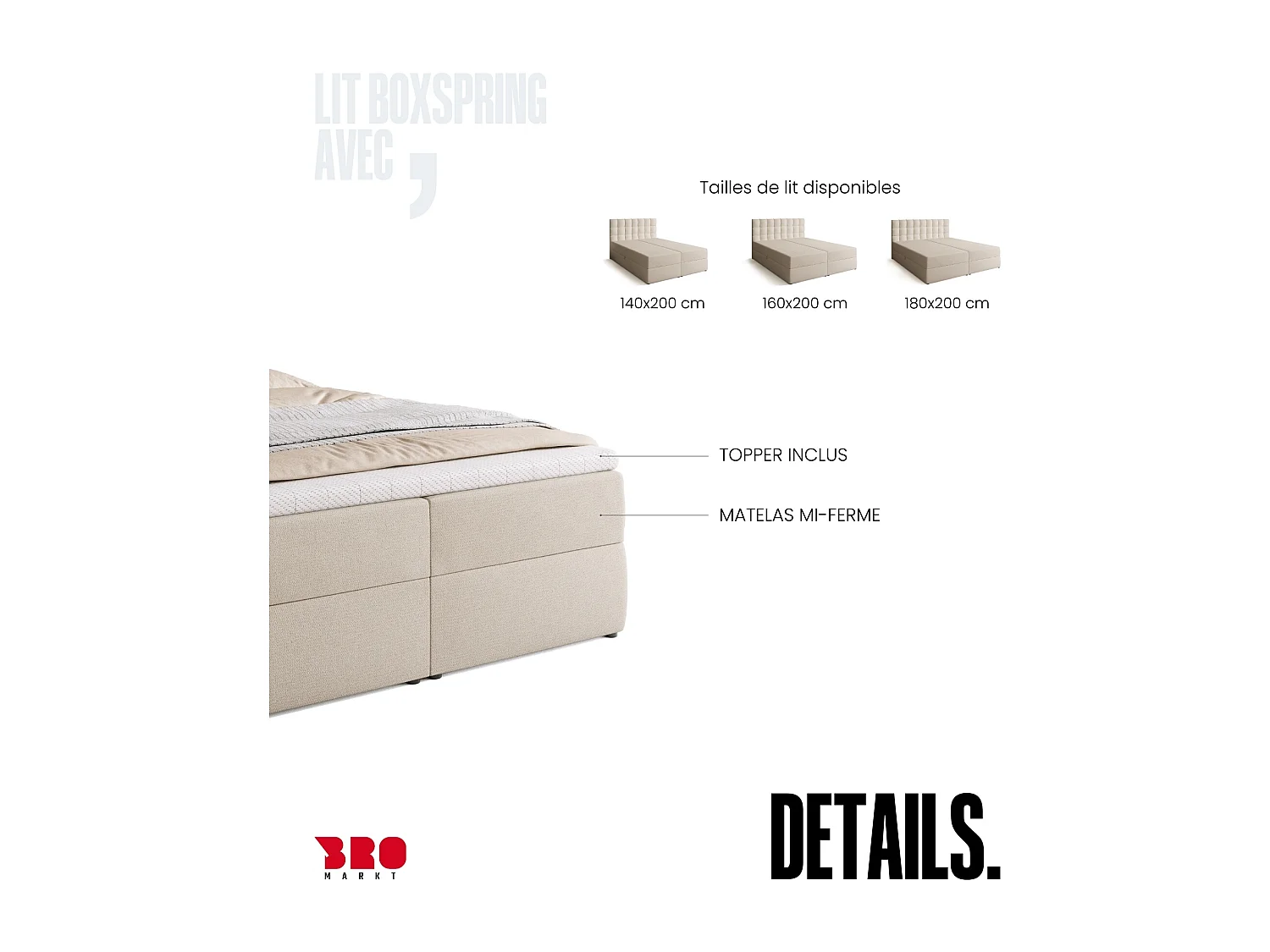 Lit boxspring avec rangement DETROIT - matelas - surmatelas - beige - 140x200 cm