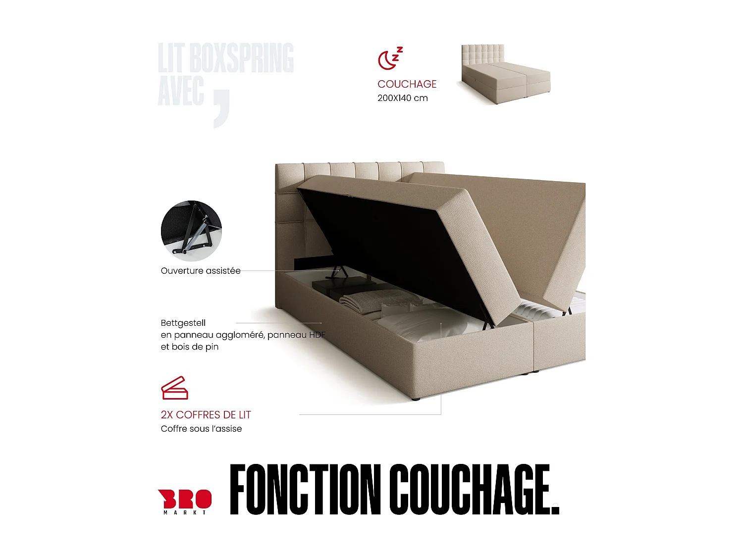 Lit boxspring avec rangement DETROIT - matelas - surmatelas - beige - 140x200 cm