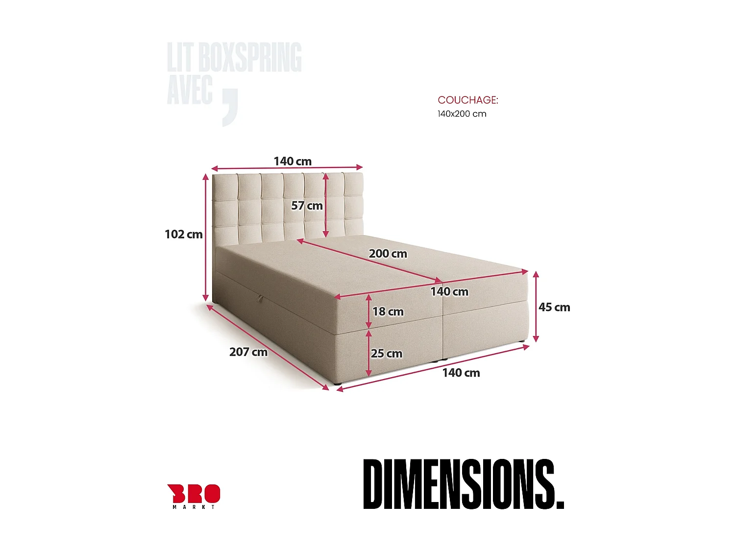Lit boxspring avec rangement DETROIT - matelas - surmatelas - beige - 140x200 cm