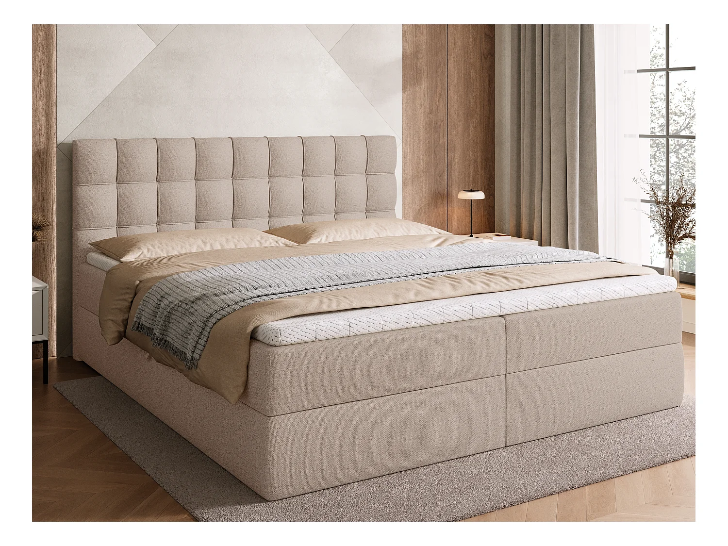 Lit boxspring avec rangement DETROIT - matelas - surmatelas - beige - 180x200 cm