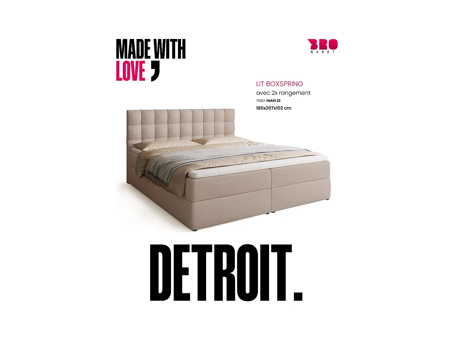 Lit boxspring avec rangement DETROIT - matelas - surmatelas - beige - 180x200 cm