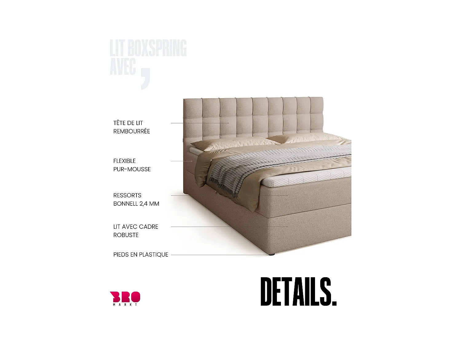 Lit boxspring avec rangement DETROIT - matelas - surmatelas - beige - 180x200 cm