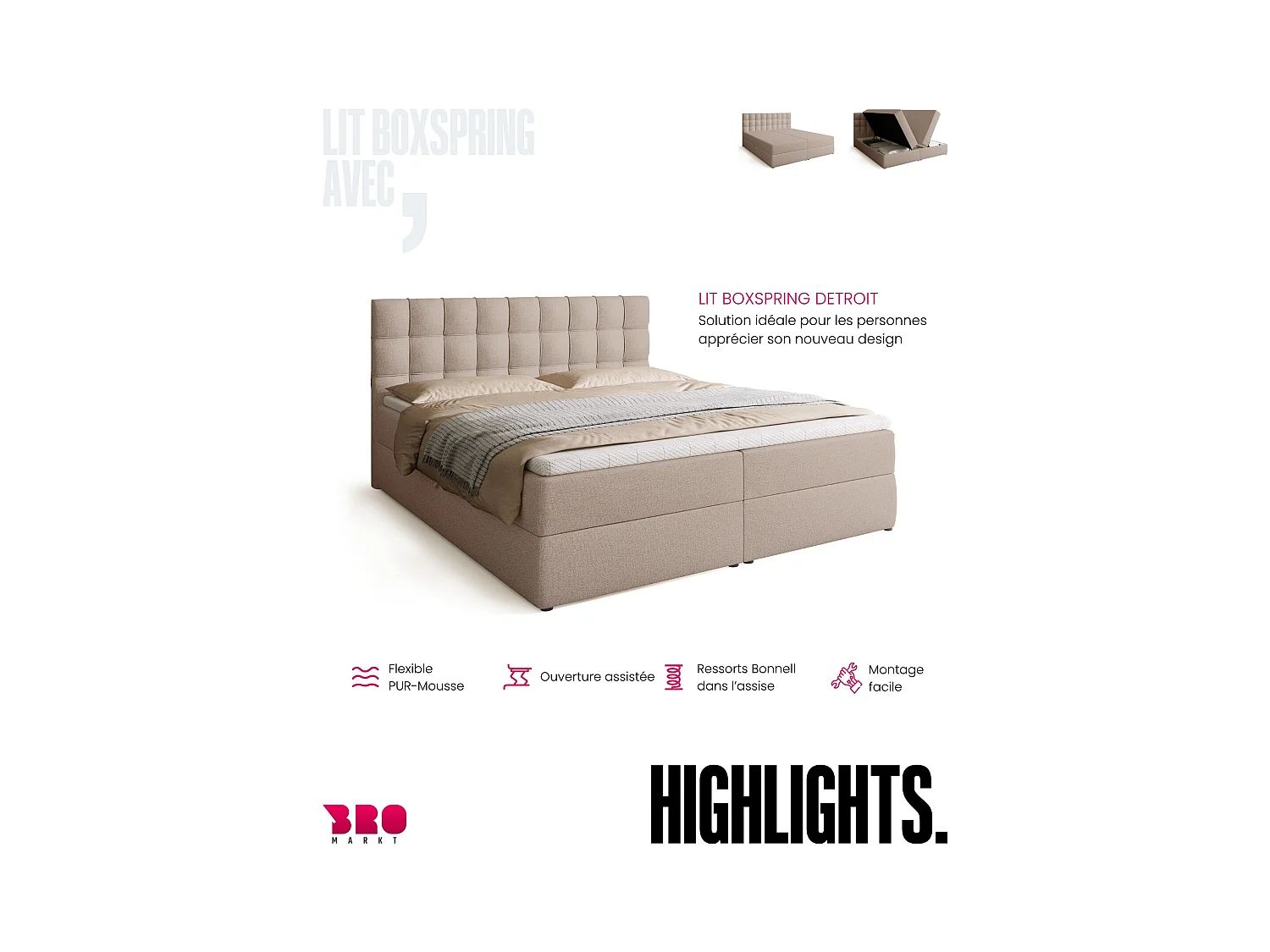 Lit boxspring avec rangement DETROIT - matelas - surmatelas - beige - 180x200 cm